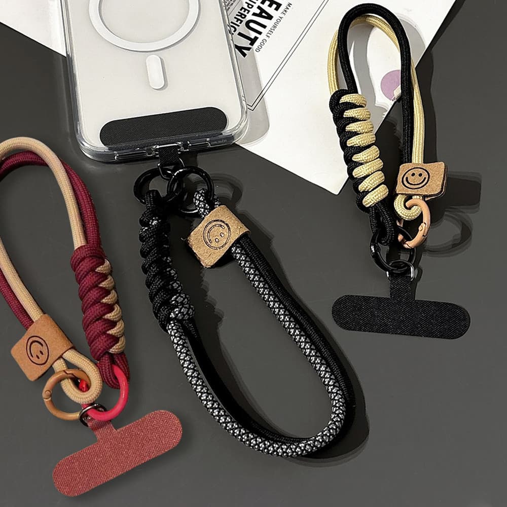 Cordão De Telefone Móvel Tecido De Camada Dupla Bonito Rosto Sorridente Pulso Anti-Perda Pendurado Corda Colorida Chavei