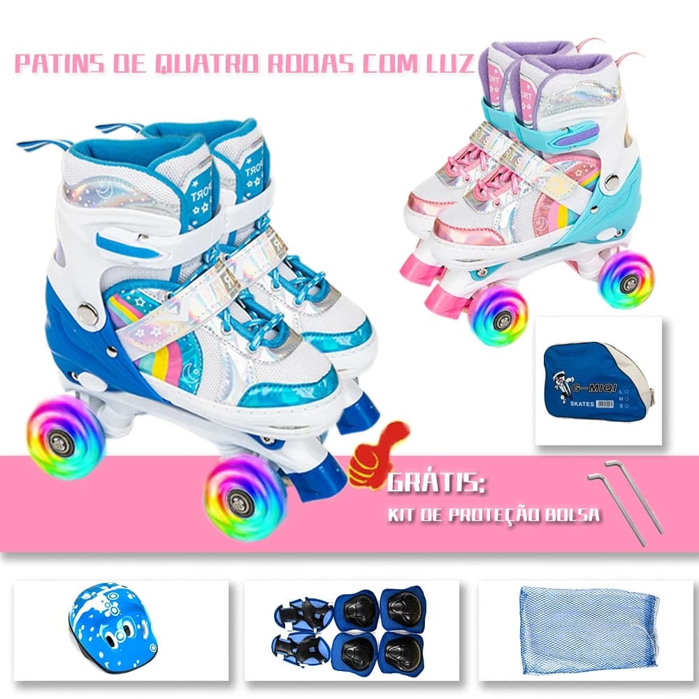 Patins Infantil 4 Rodas Com Luz De Led Patins COM /SEM Kit Proteção  Cadarço Ajustavel freio