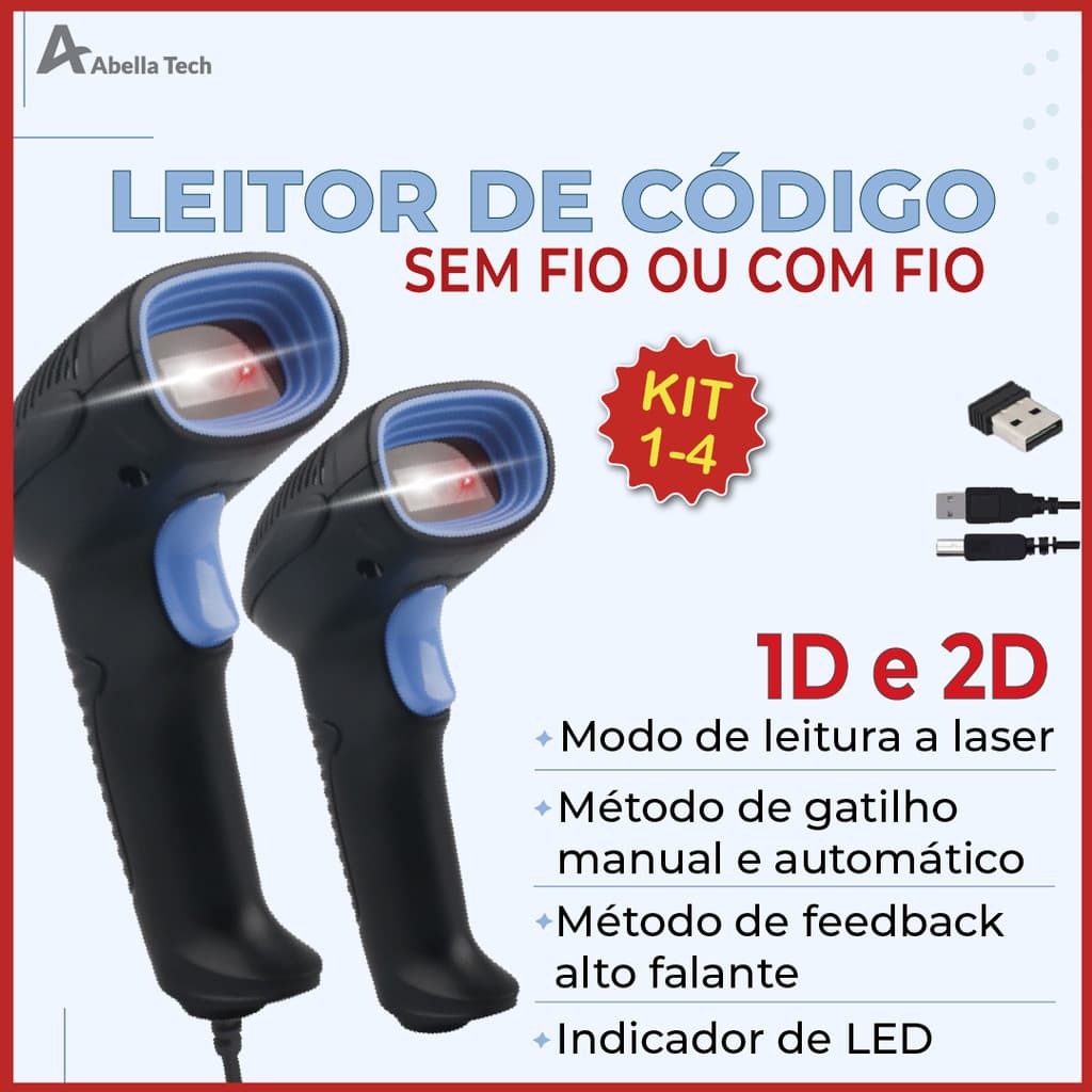 Leitor Código De Barras Scanner Portátil Laser Com Fio ou Sem Fio USB 1D/2D Leitor de Qr Code e Código de Barras