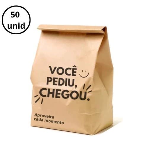 50unidades Saco de Papel Delivery Kraft "Você Pediu Chegou" Tam PP - P - M - G - GG - XG Reforçado