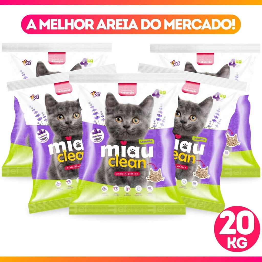 Kit Fardo 1 à 5 Pacotes 4KG Areia Sanitária Granulado Forma Torrões MiauClean Perfumado Lavanda 20KG