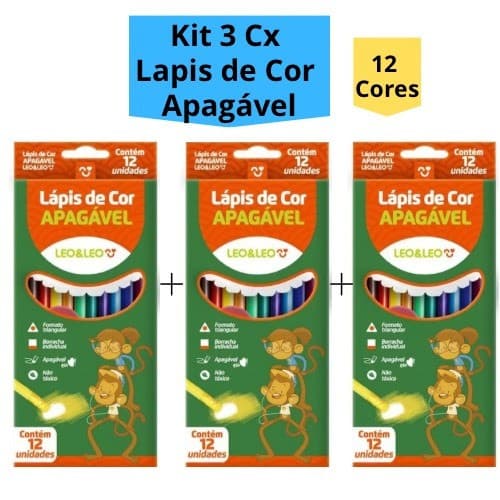 Kit 3 Caixas Lápis de Cor Apagável 12 Cores Triangular Com Borracha Escolar Infantil Leo&Leo
