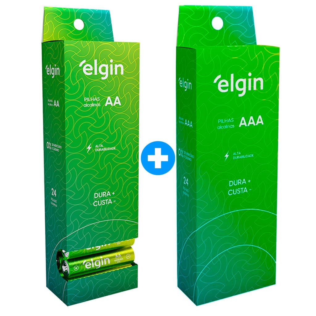 48 Pilhas Elgin Alcalina AA Comum ou AAA Palito 2 Tubos Com 24 Unidades