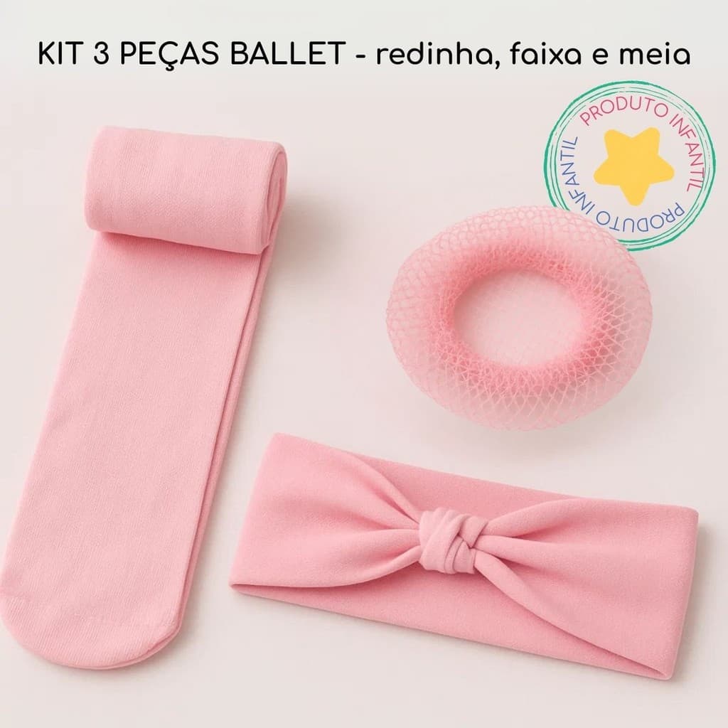 Kit Meia Calça Fina Faixa e Redinha de Ballet para Cabelo