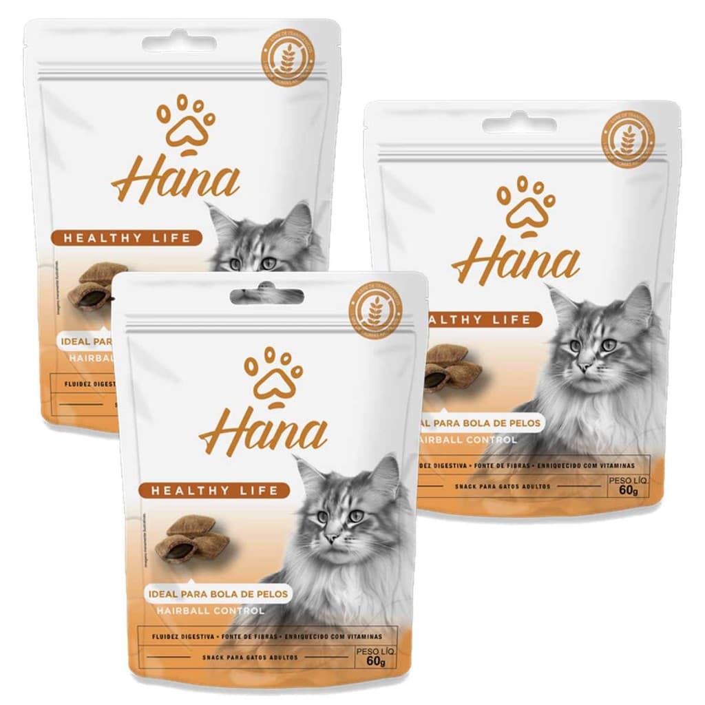 Petisco Snack Para Gatos Hana Hairball Control 60g 3 unidades