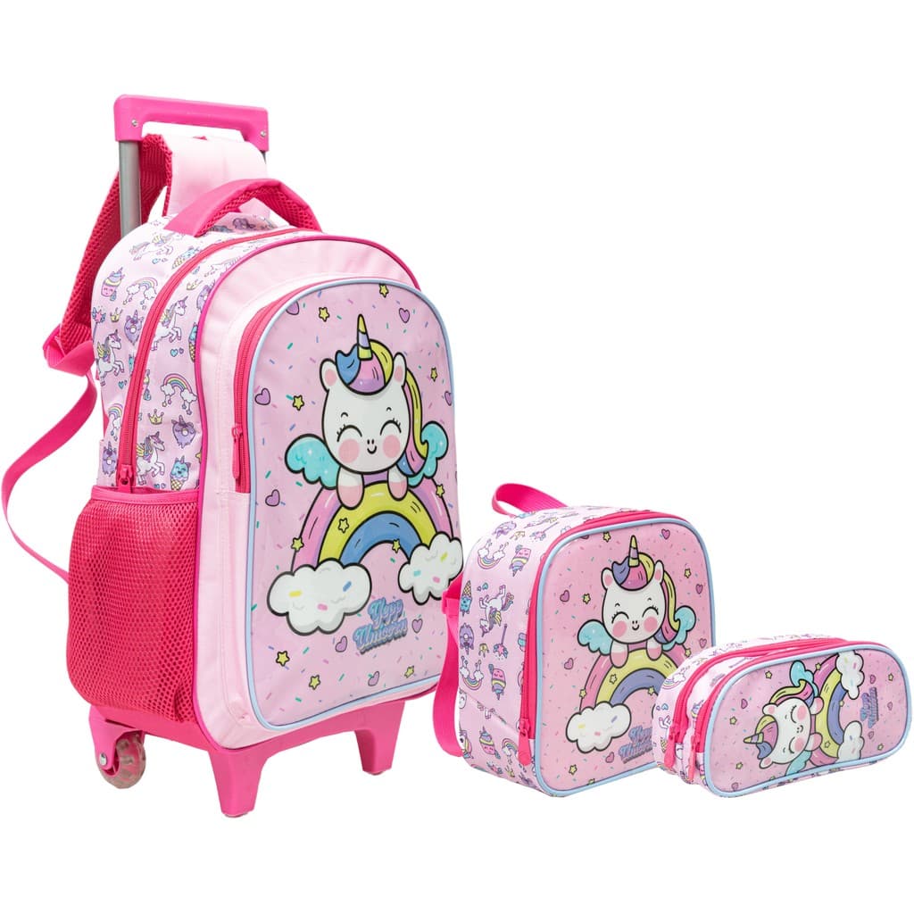 Kit Mochila Escolar Rodinha Unicornio Arco Íris Rosa Roxo Infantil Meninas