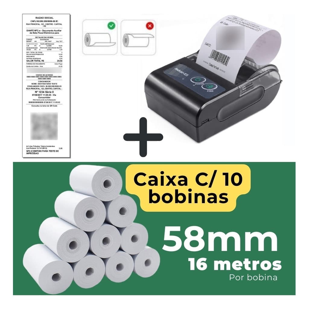 Mini Impressora Bluetooth Termica 58mm Com 10 Bobinas Lisa