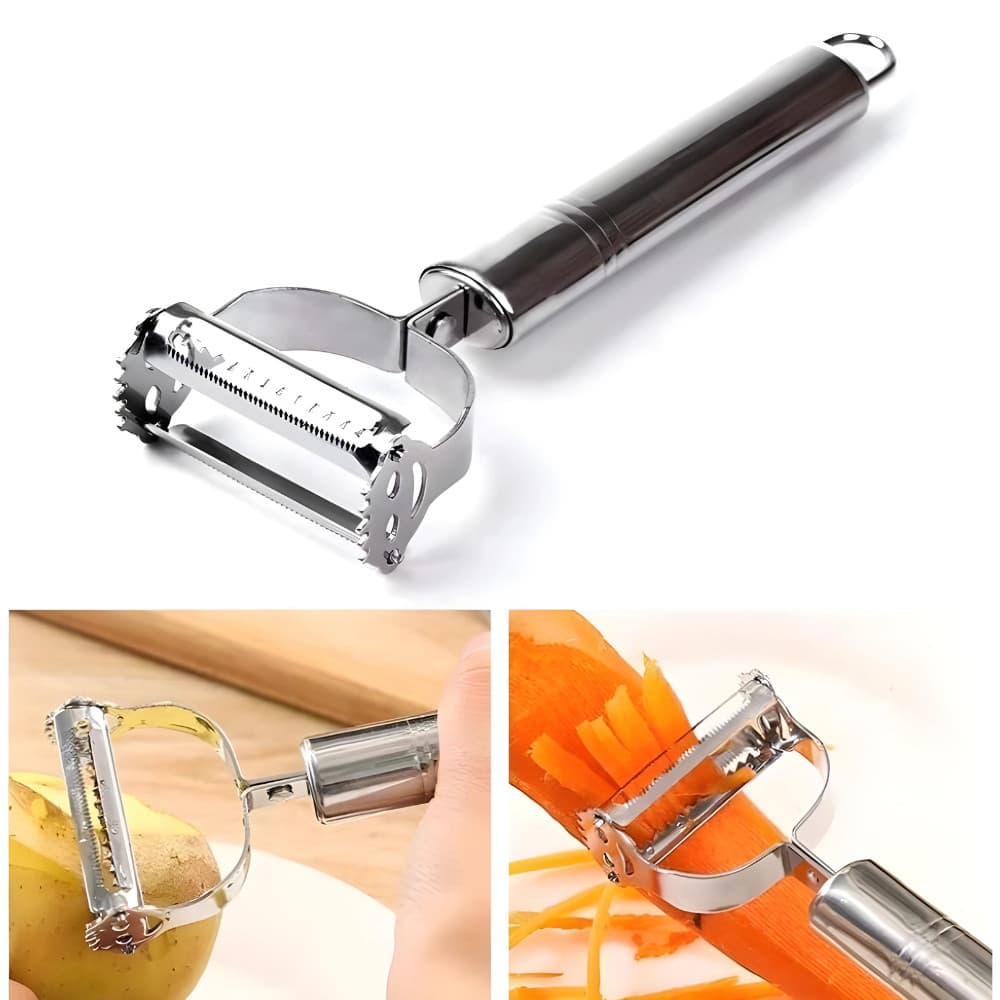 Kit 3 Descascador E Fatiador Inox Inoxidável Para Legumes Frutas Dupla Lâmina Móvel 2 Em 1-A