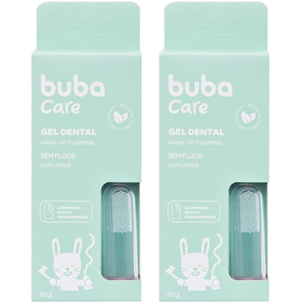 KIT C/ 2UN GEL DENTAL BUBA CARE SEM FLÚOR ACOMPANHA ESCOVA MASSAGEADORA