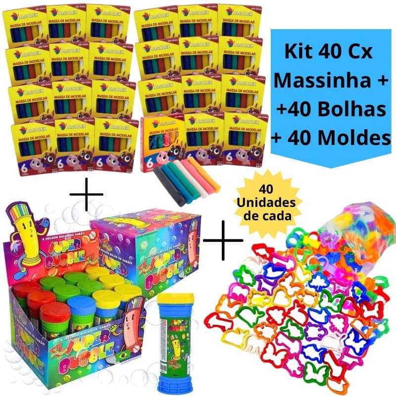 Kit 40 Cx Massinha de Modelar + 40 Bolhas de Sabão + 40 Molde Cortador Kit Festa Forminha Lembrancinha Infantil Escolar