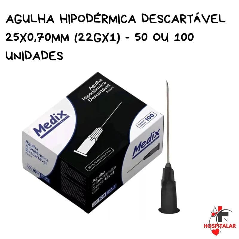 Agulha Hipodérmica Descartável 25x0,70MM (22Gx1) 50 e 100 Unidades