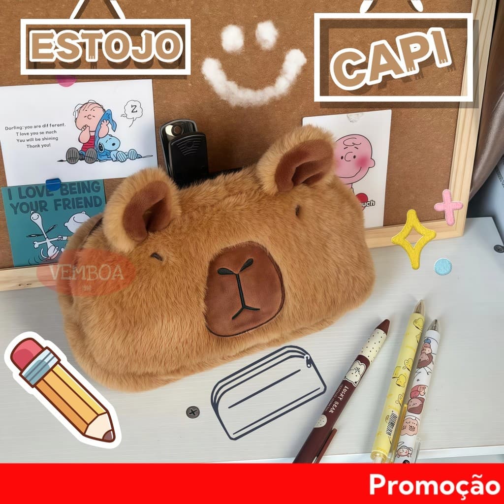 Bolsão de Pelúcia Capivara - Estojo Fofo e Espaçoso para Material Escolar