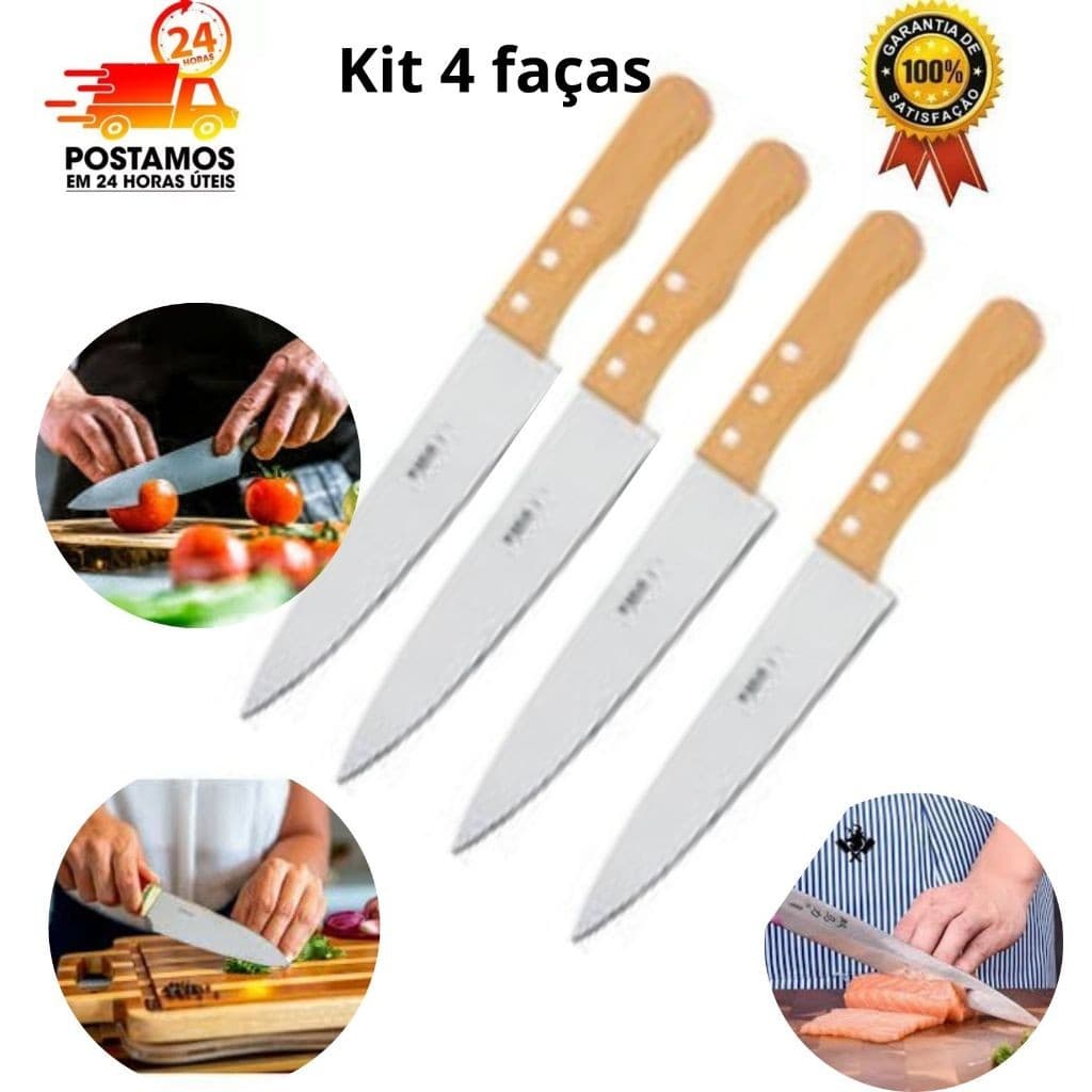 kit 4 Facas de Cozinha Aço Inox Cabo de Madeira 5´´ Carne Salada Legumes Churrasco