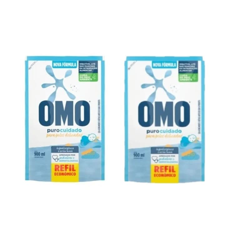Kit c/2 Lava Roupas Liquido Omo Puro Cuidado 900ml Refil