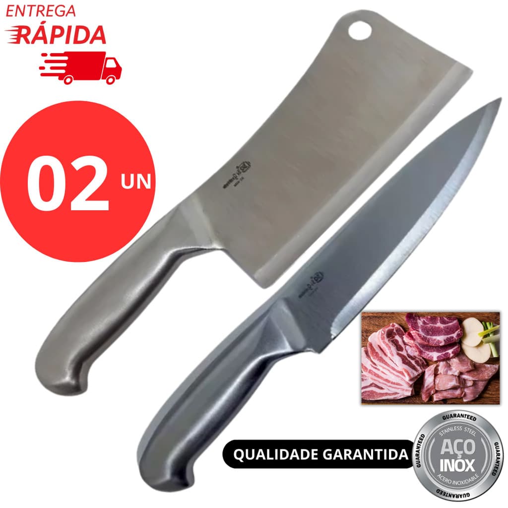 Kit 2 Pçs Faca e Cutelo Inteiriço Profissional Aço Inox para Churrasco Açougue Cozinha