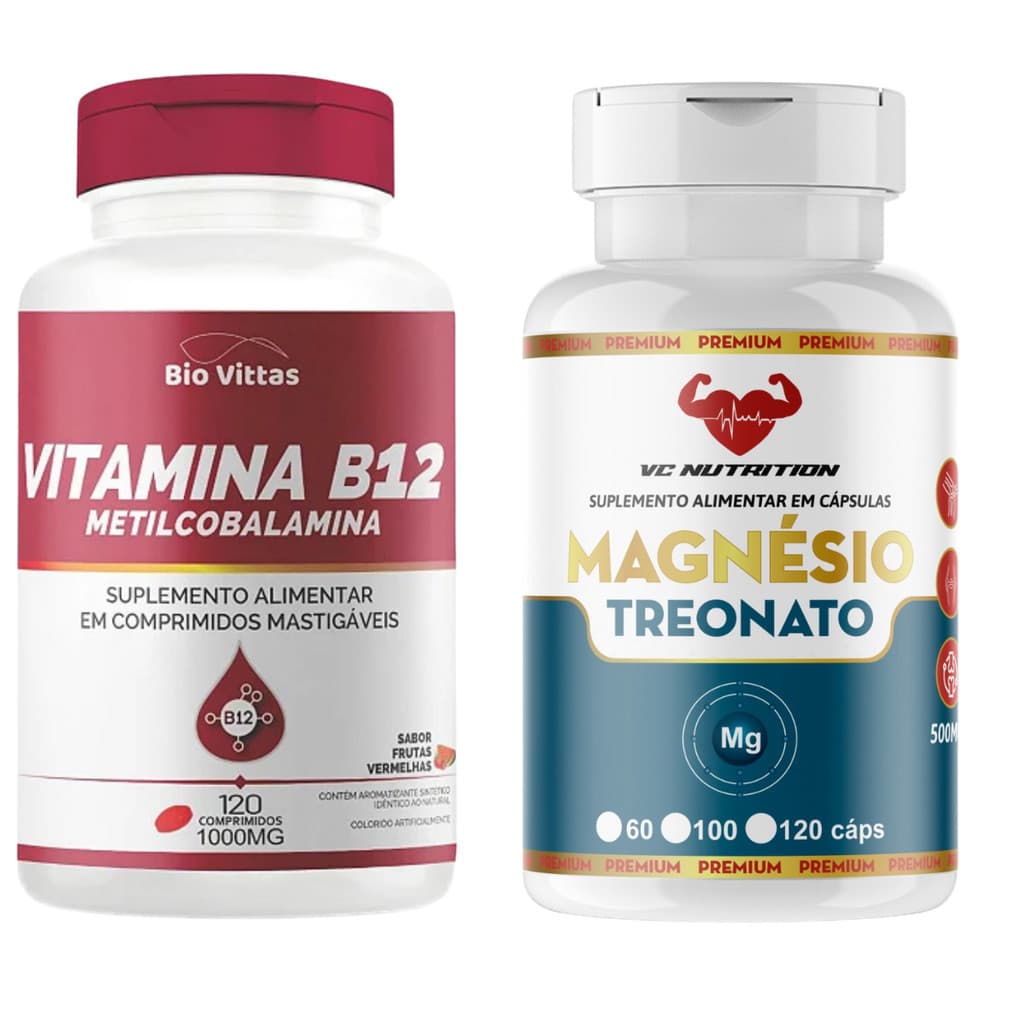 KIT 2X = 01 Pote de Vitamina B12 1000mg - 120 comp. + 01 Pote de Magnésio L Treonato 500mg - 120cps
