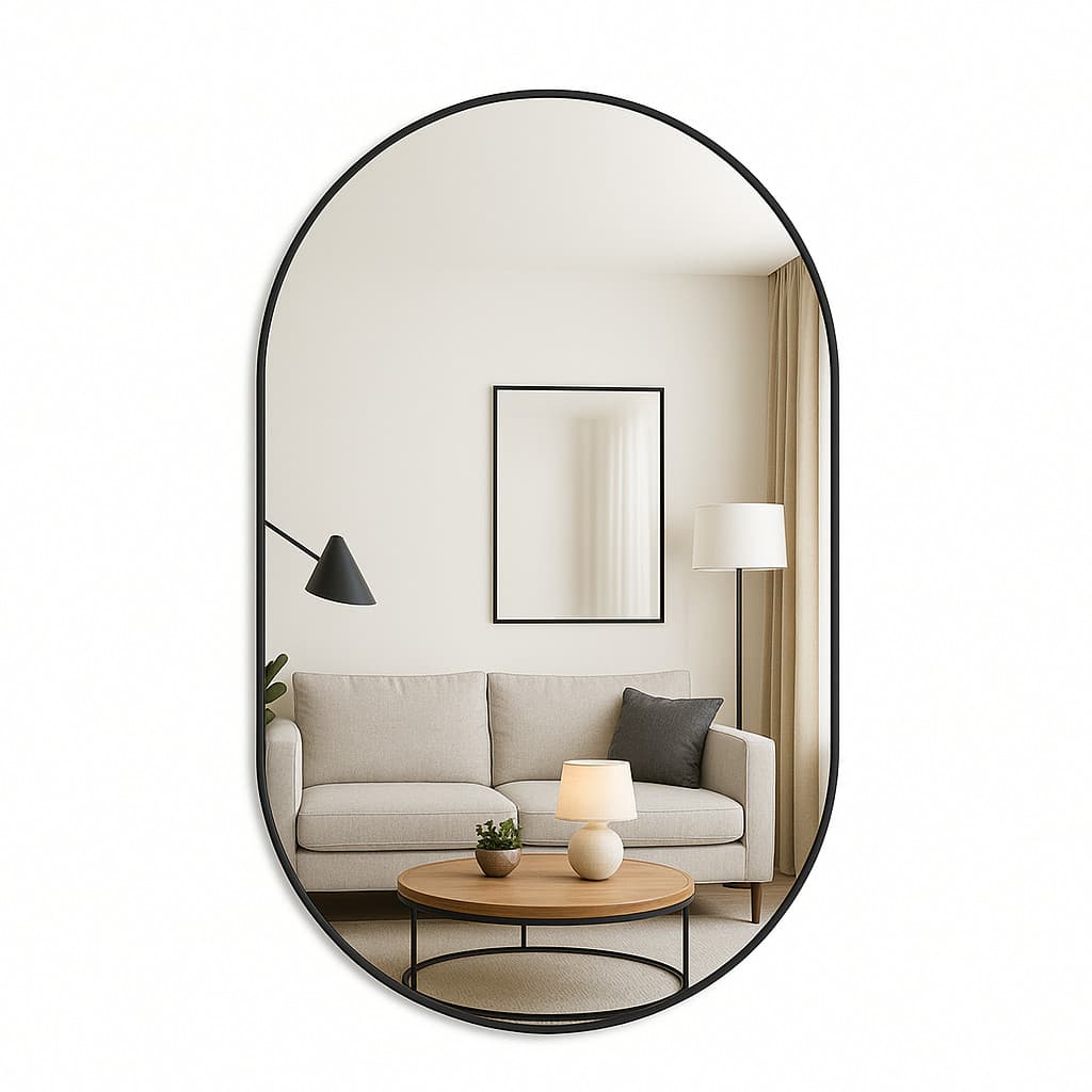 Espelho Oval 80x50 Com Moldura Couro Decorativo Luxo C/ Suporte Parede