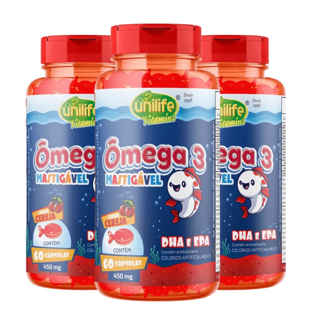 Kit 3 Omega 3 Kids Mastigavel 60 Capsulas - Unilife