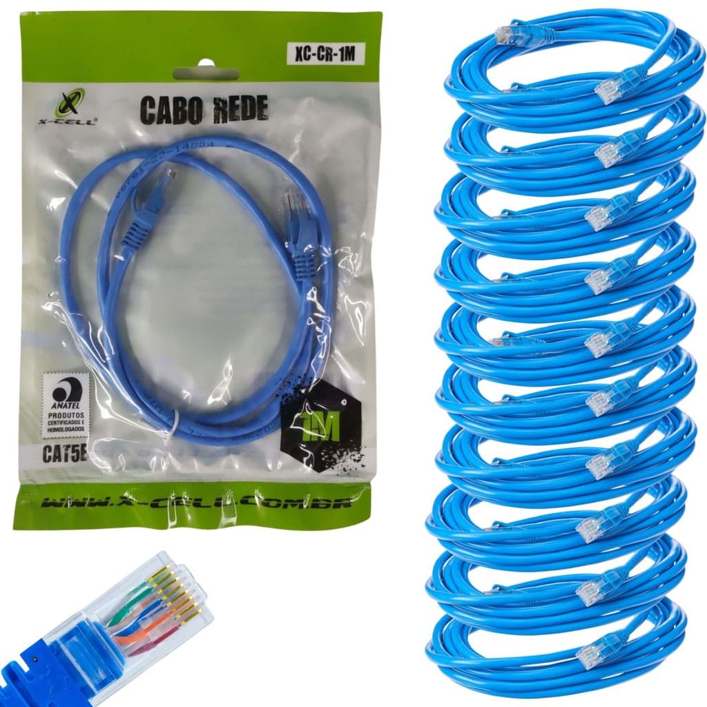 Kit 10 Cabo de Rede Patch Cord RJ45 Ethernet Gigabit Alta Velocidade 1 Metro Azul