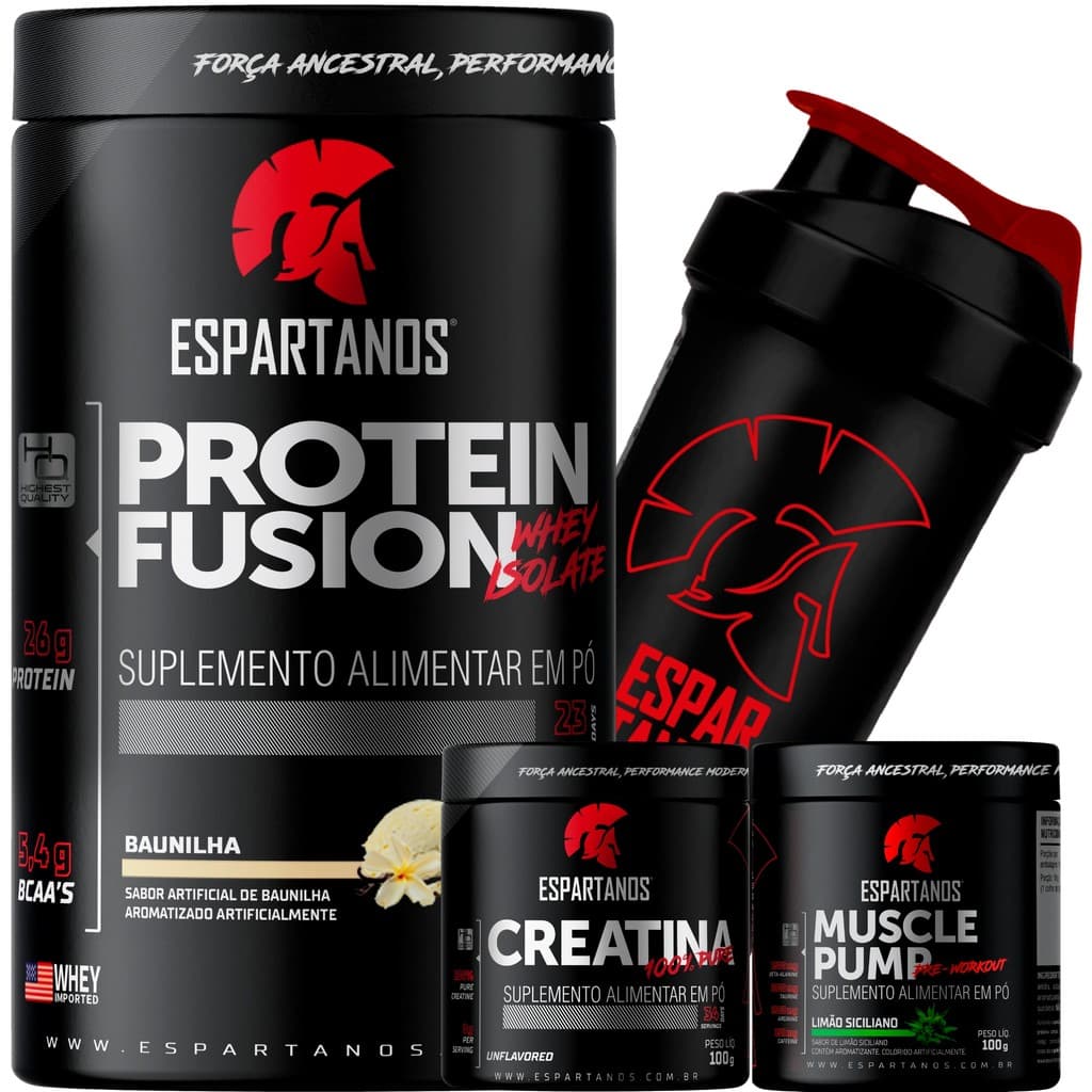 Whey Protein Fusion ,Creatina, Pré-Treino, Shaker - ESPARTANOS