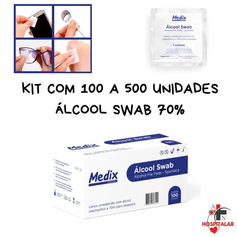 Álcool Swab 70% kit com 100 a 500 Unidades