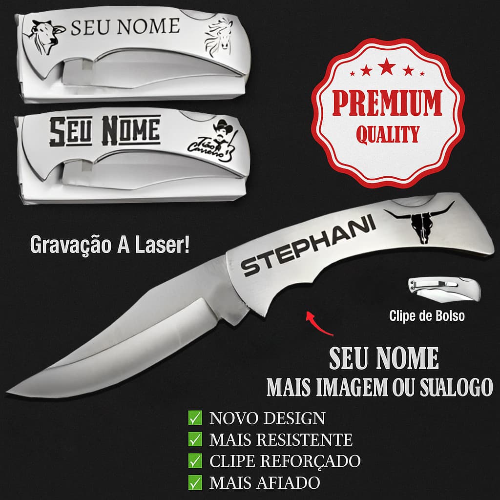 Canivete Inox Clip Bolso Estilo Zebu Personalizado Seu Nome e Logo