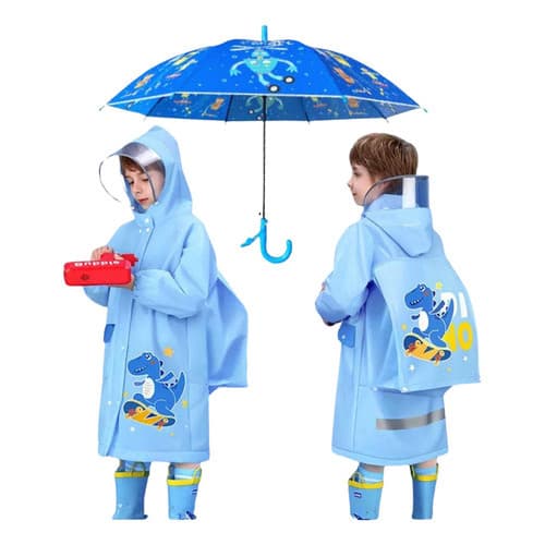 Capa De Chuva Com Porta Mochila + Guarda Chuvas Infantil.