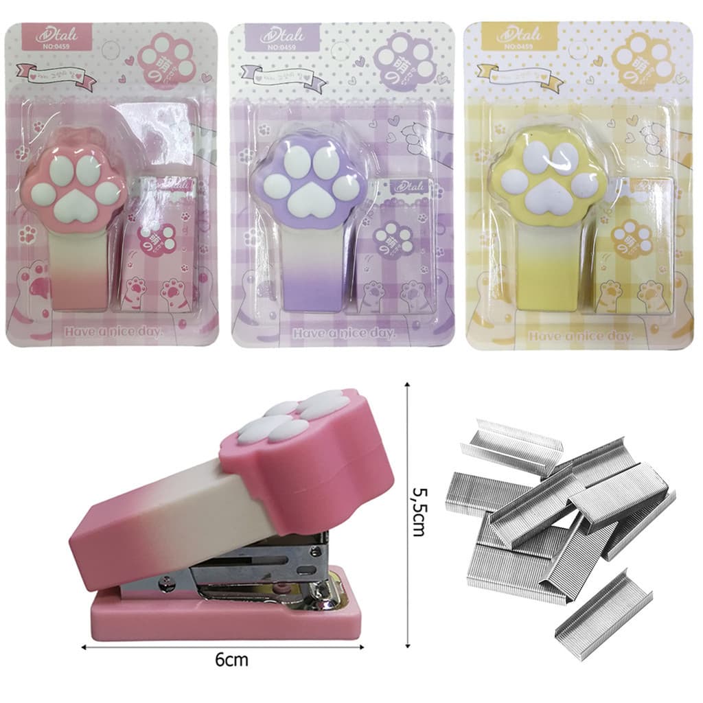 Mini Grampeador Patinha de Gatinho Com 400 Grampos Para Escritório Escola