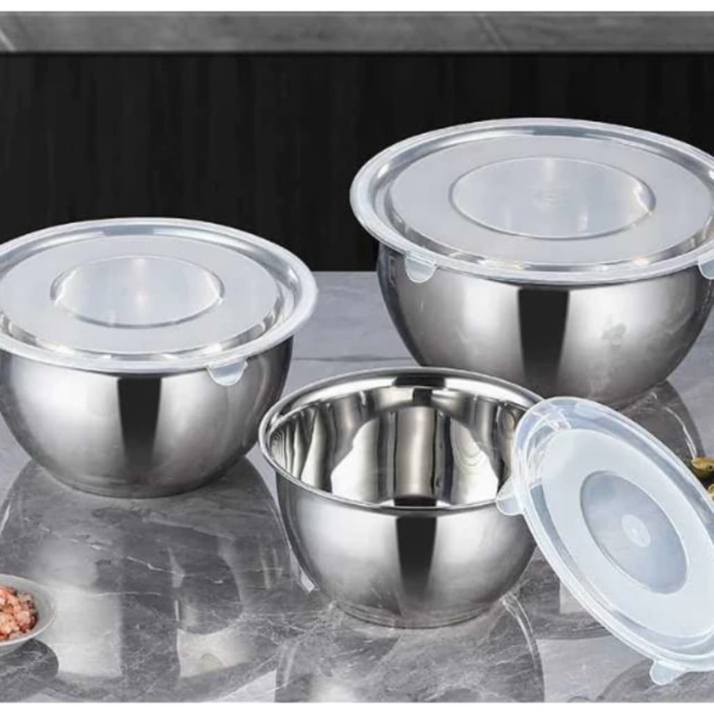 Conjunto 3 Bowls Inox com Tampa,Tigelas Multiuso Reforçadas para Saladas e Armazenar Alimentos
