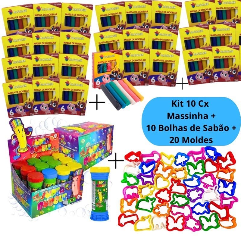 Kit 10 Cx Massinha de Modelar + 10 Bolhas de Sabão + 20 Molde Kit Festa Cortador Lembrancinha Infantil Escolar