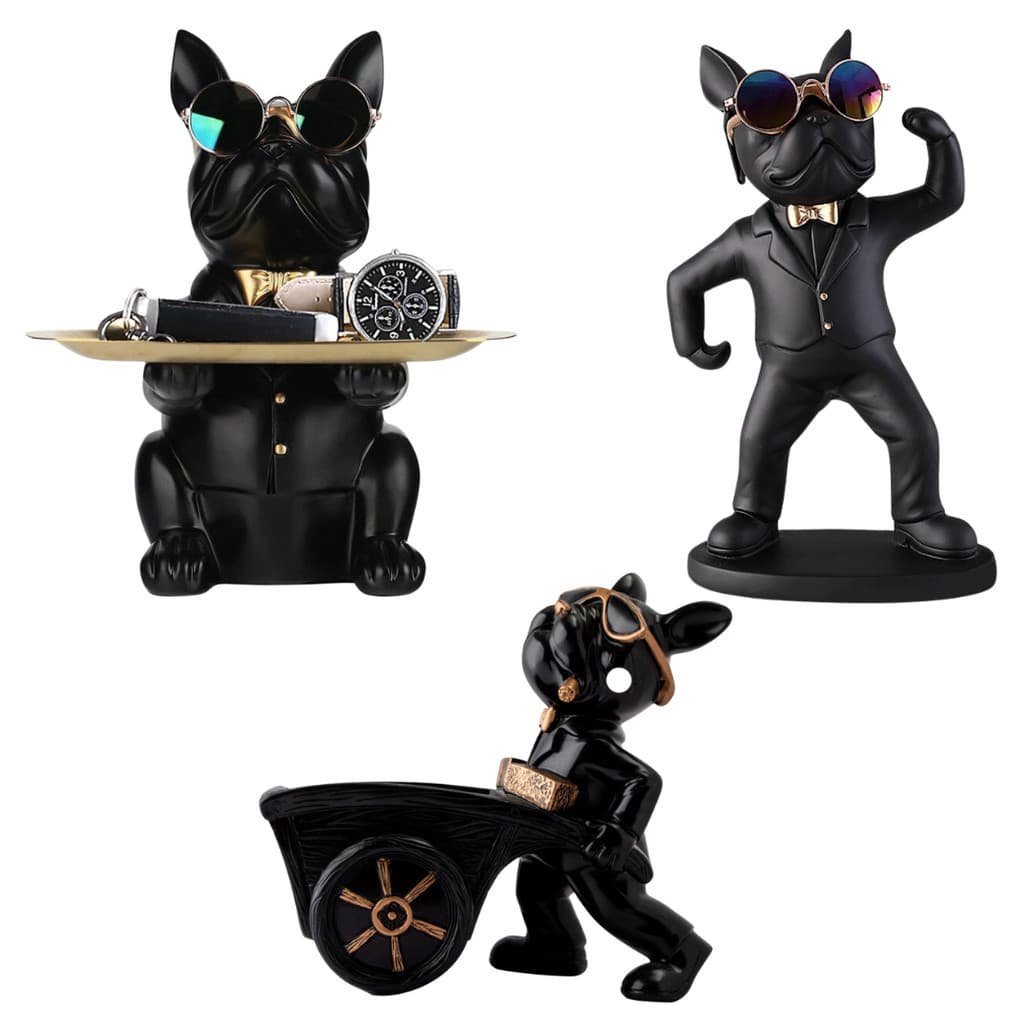 Escultura Estatueta Decorativa de Cachorro Bulldog com Bandeja Óculos Porta Objetos Resina Decoração