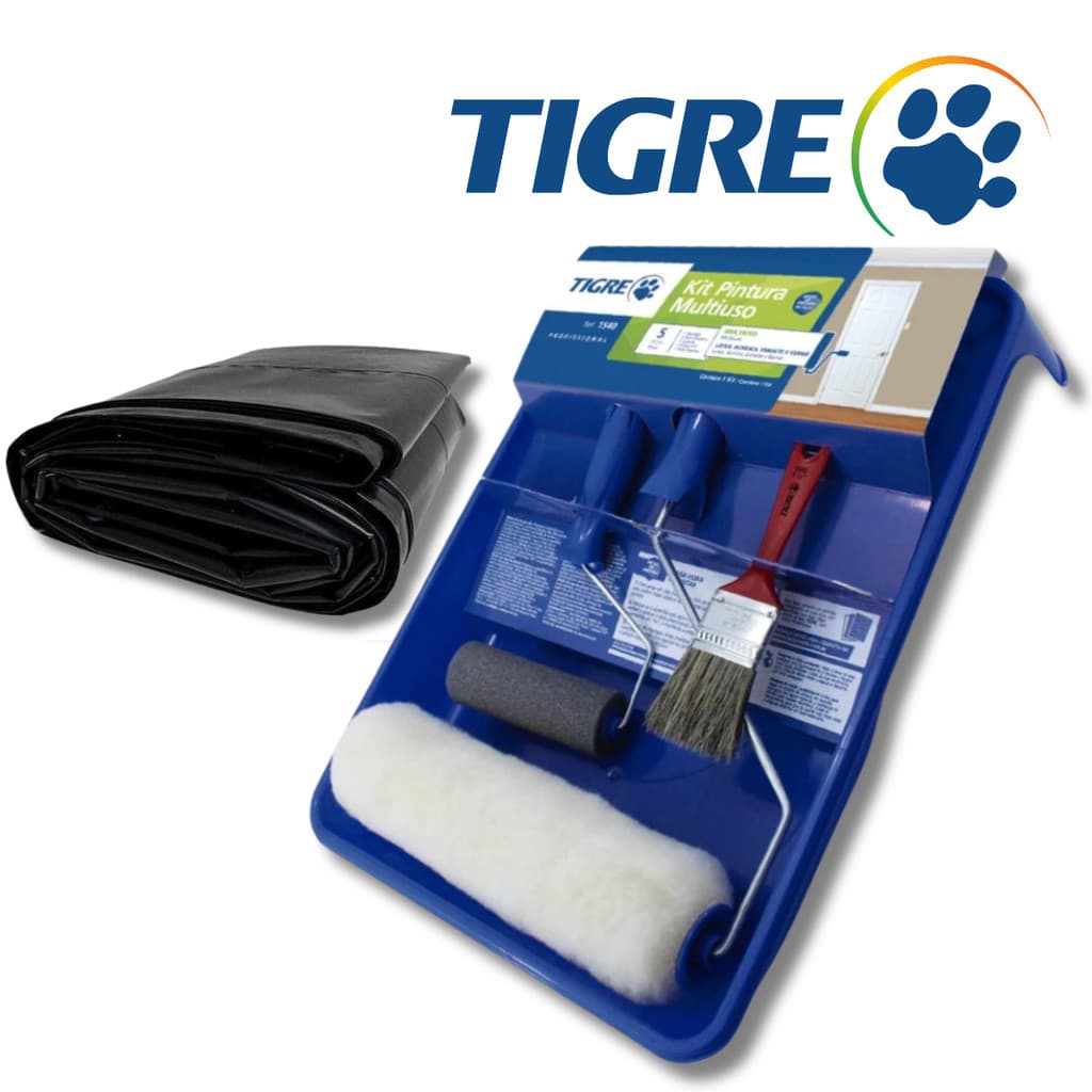 Kit Pintura de Parede Tigre 5 Peças Rolo Lã Econômico + Trincha + Rolinho Espuma + 2 Metros de Lona