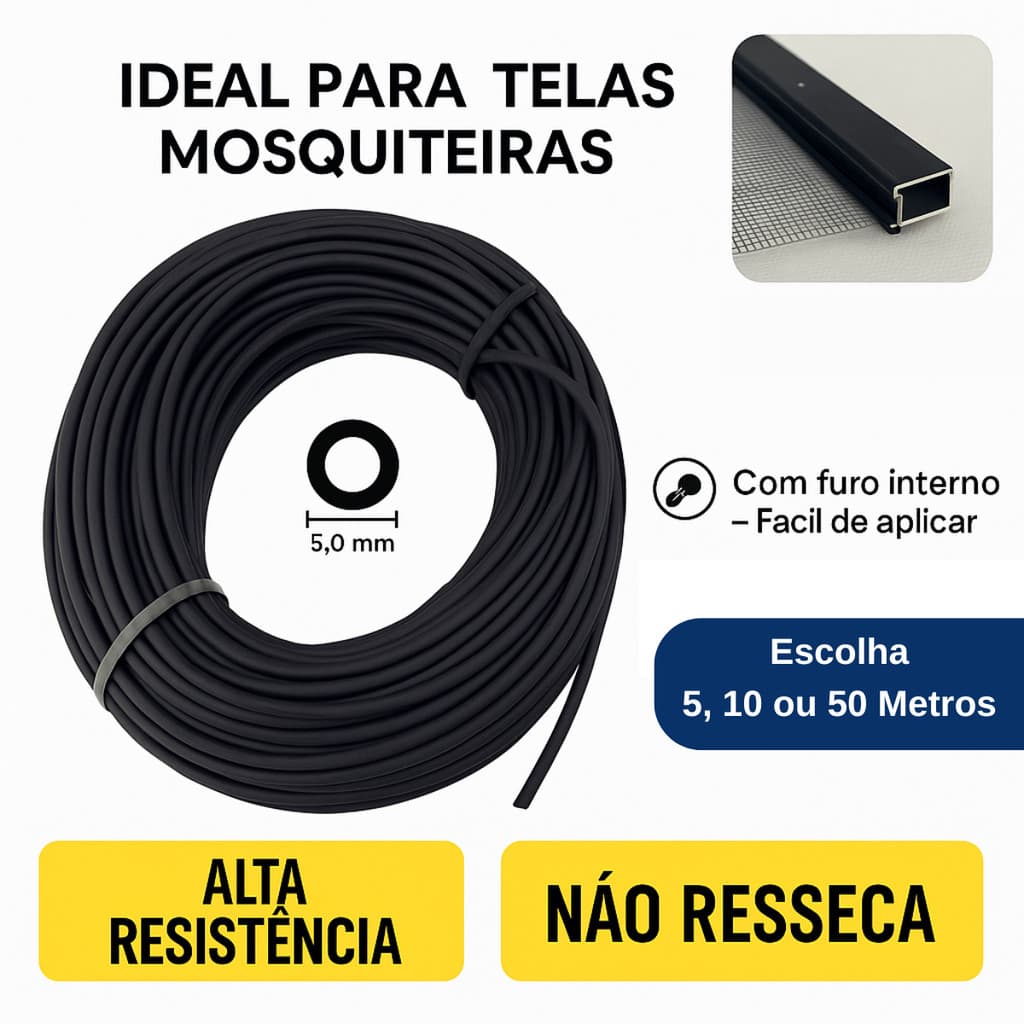 Borracha Cordão 5mm com Furo para Tela Mosquiteira – Preta
