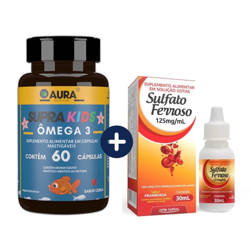 Ômega 3 Supra Kids Mastigável Sabor Cereja 60 Cápsulas + Sulfato Ferroso Sabor Framboesa 30ml