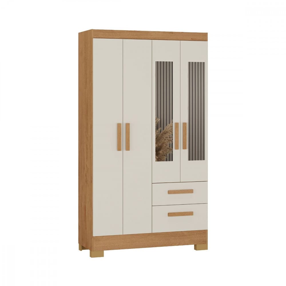 Guarda Roupa Solteiro com Espelho 4 Portas Fortaleza Canelato Off White Atualle