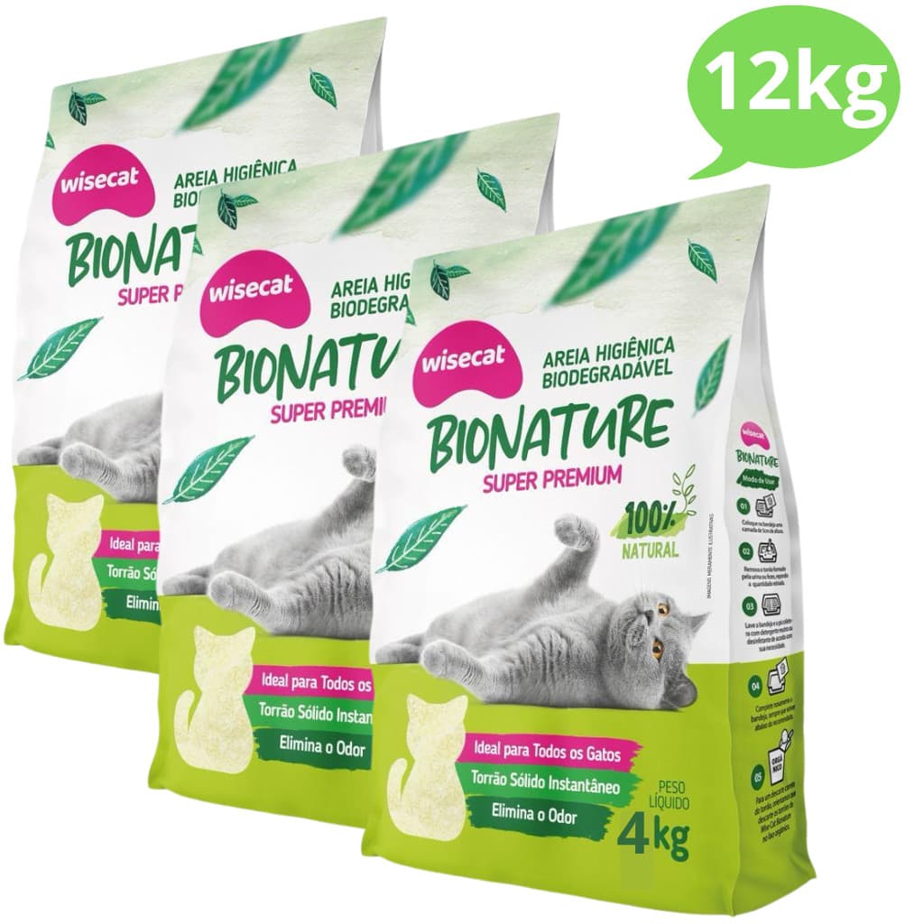 Kit 3 Areia Sanitária De Mandioca Granulado Para Gatos Biodegradável Wisecat 12kg
