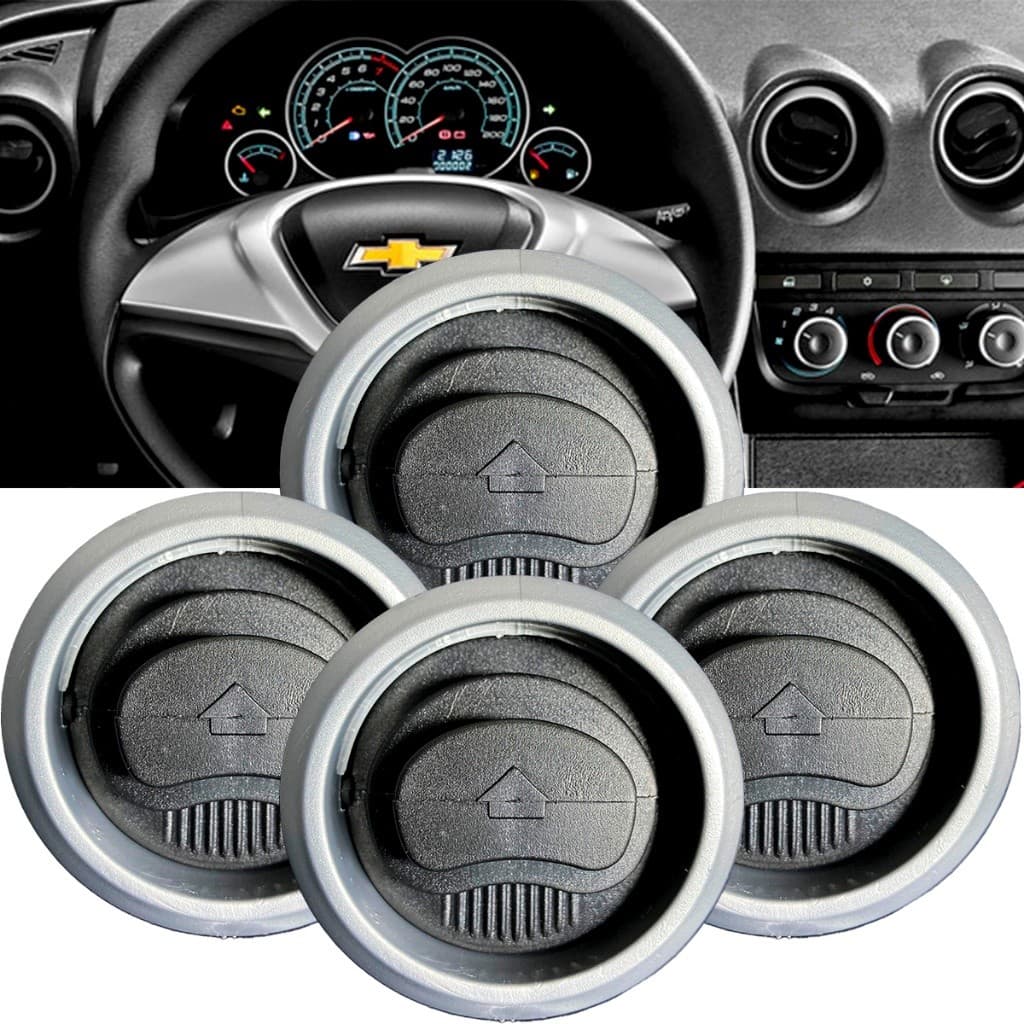 Kit com 4 Difusores de Ar Condicionado GM Celta Cor Preto Com Aro Prata 2001 02 03 04 05 2006