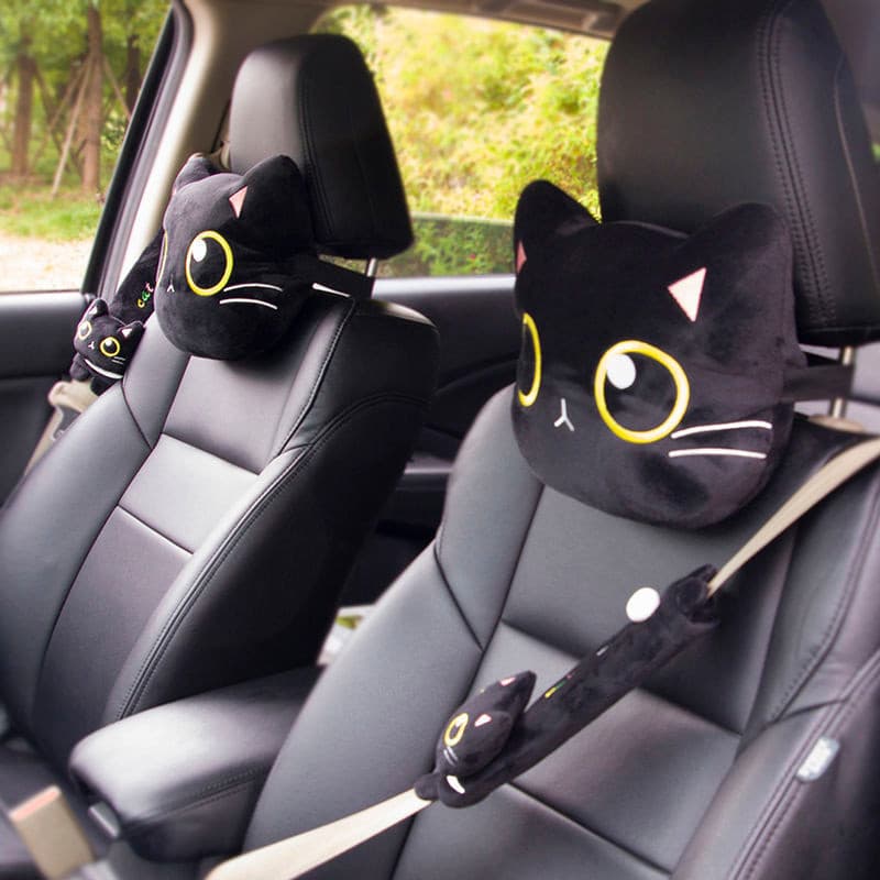 Encosto De Cabeça De Gato Preto Macio , Travesseiro De Pescoço Carro Cintura De Desenho Animado , Almofada , Suprimentos