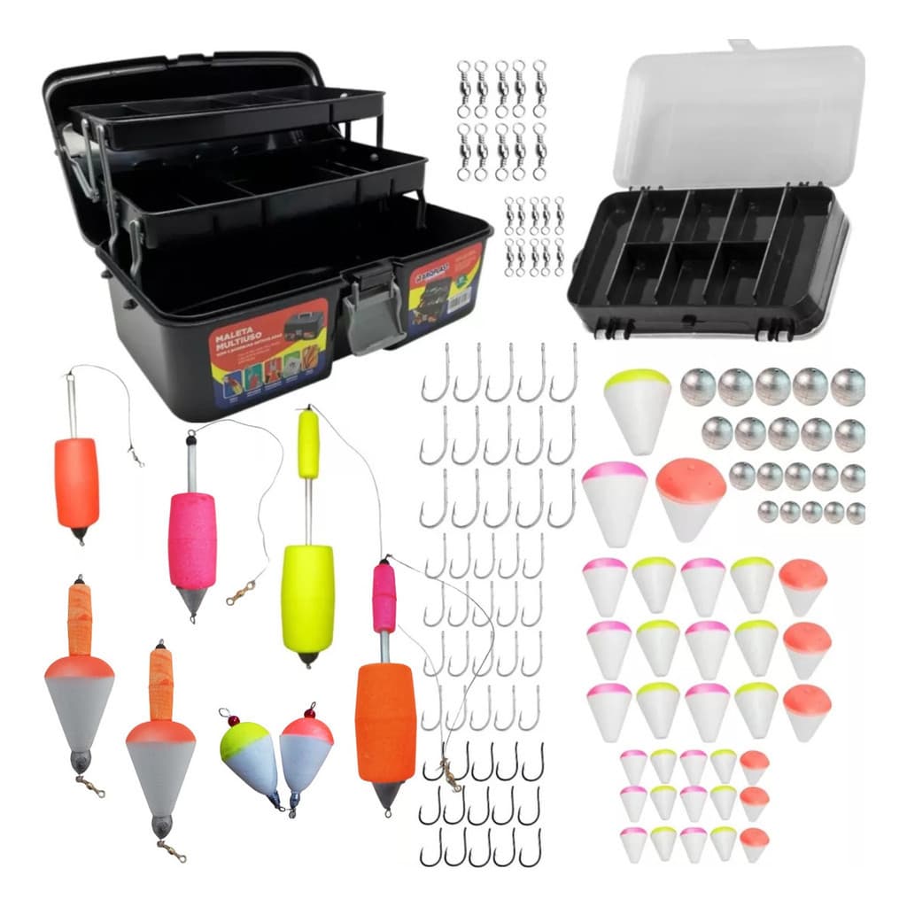 Kit Pesqueiro Duplo Boias Anzois Organizadora Maleta Chumbo