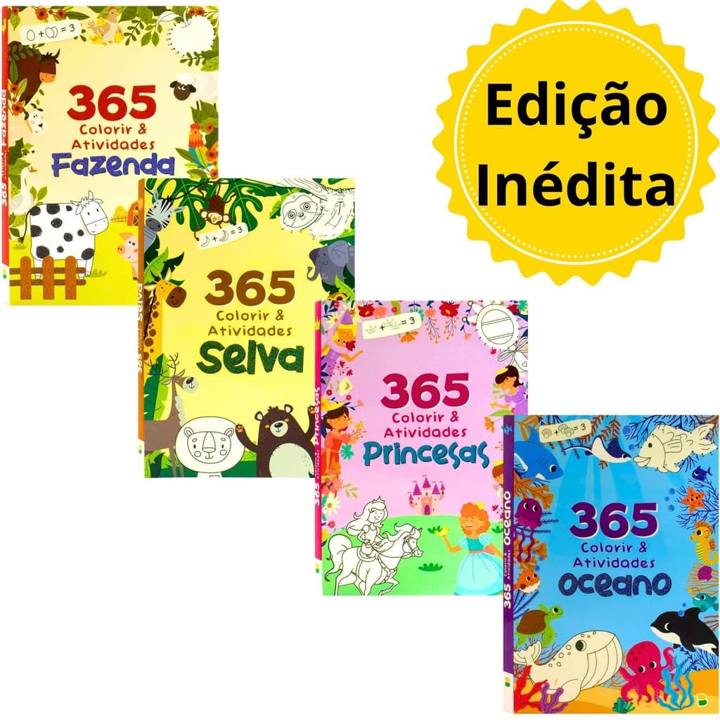 Livro de Colorir 365 Desenhos e Atividades Princesas Fazenda Oceano Selva