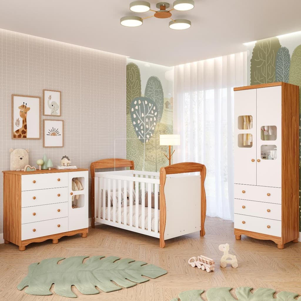 Quarto Bebê Completo Berço Americano Marquesa 3 em 1 Guarda Roupa 2 Portas Cômoda Uli 100% MDF