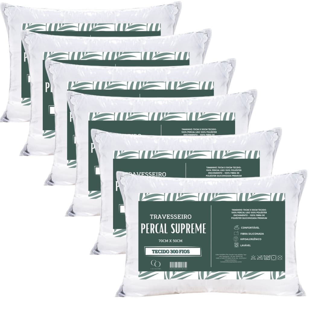 Kit 6 Travesseiro Padrão Hotel 300 Fios Antialérgico 70x50cm Premium Fibra Siliconada Descanso Luxo
