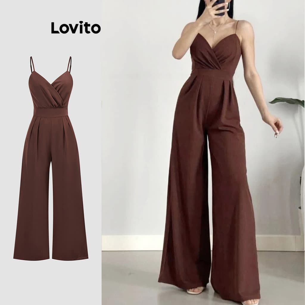 Lovito Macacão Casual Liso Plissado De Verão Para Mulheres L109MD682