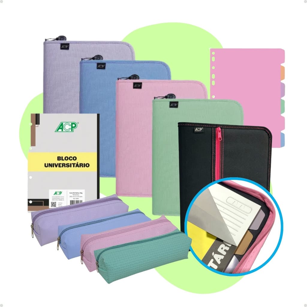 Fichário Argolado Universitário Sweet + Estojo + Bloco + Divisórias
