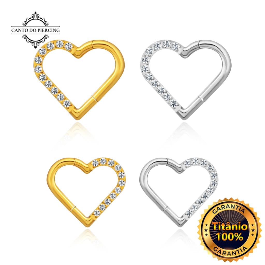Piercing Argola Helix Conch  Coração Titânio Pvd Clik Zircônia Cravejada Piercing Daith, Nariz, Orelha Coracao