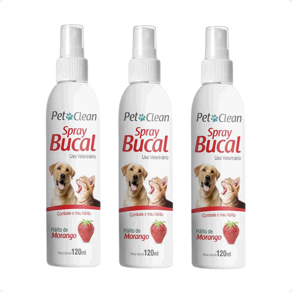 Kit 3 Spray Bucal Pet Clean Morango - 120ml