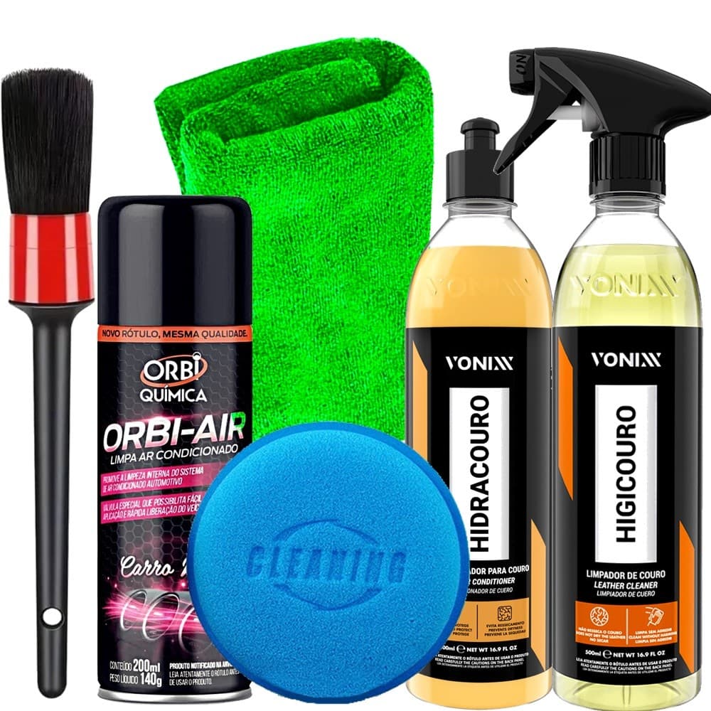 Kit Completo Produto para Limpar Couro Hidratar Bancos Hidracouro Higicouro Limpa Ar Condicionado e Acessórios