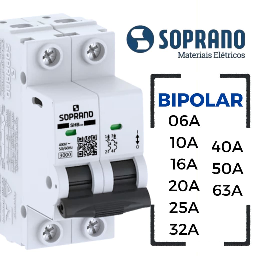 Disjuntor Bipolar 2 Polos 6A 10A 16A 20A 25A 32A 40A 50A 63A 70A 80A 90A SOPRANO