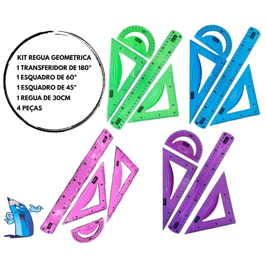 KIT REGUAS GEOMETRICAS SILICONE FLEXIVEL 4 PEÇAS CONJUNTO DESENHO ESCOLAR