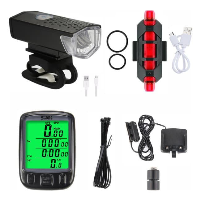 Kit Bike Farol + Sinalizador Recarregável + Velocimetro 563a